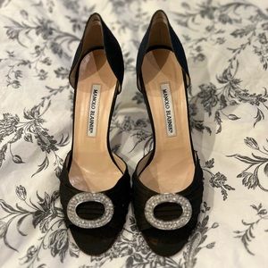 Black Manolo Blahnik D’Orsay Pumps with Rhinestone Detail. Size 38/8